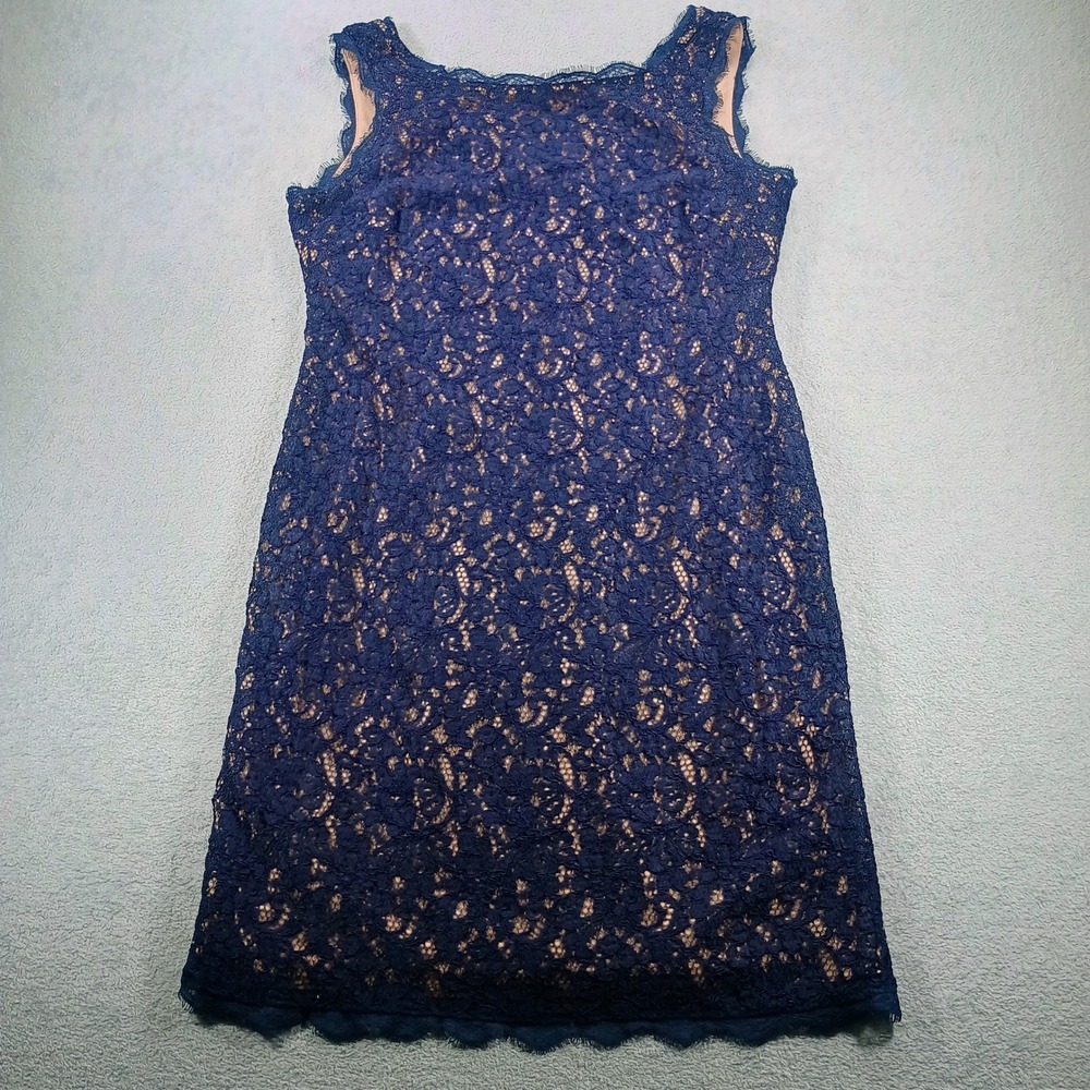 Adrianna Papell Womens Lace Sheath Dress Navy Blue 14 Eyelash Trim